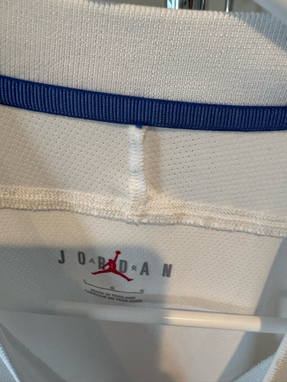 Jordan White Crew Top with Royal Blue Neck Trim and Red Jumpman - Picture 2 of 3